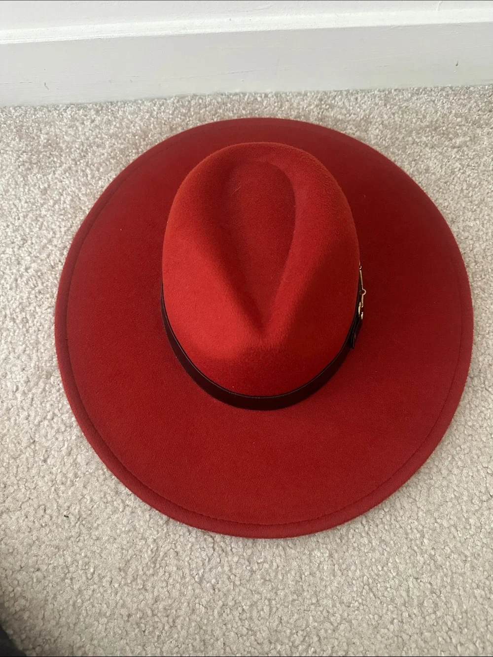 Red Wide Brim Wool Fedora Hat with Leather Band